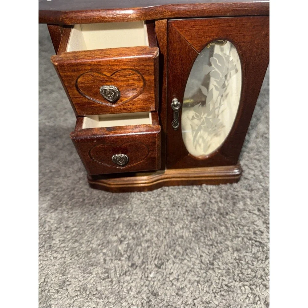Small Vintage Wooden Jewelry Box Armoire Etched Glass Hearts Drawers Cabinet